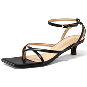 Coutgo Womens Strappy Low Kitten Heels Sandals Open Square Toe Flip Flop Summer Dress Party Shoes, Black, size 8.5