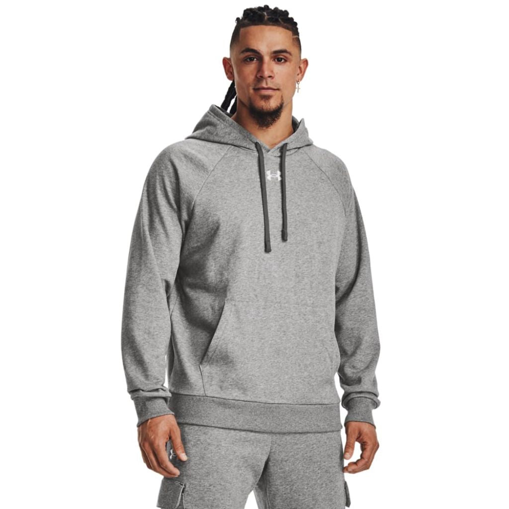 Under Armour Men's Rival Fleece Hoodie, Castlerock Light Heather/ White, Large