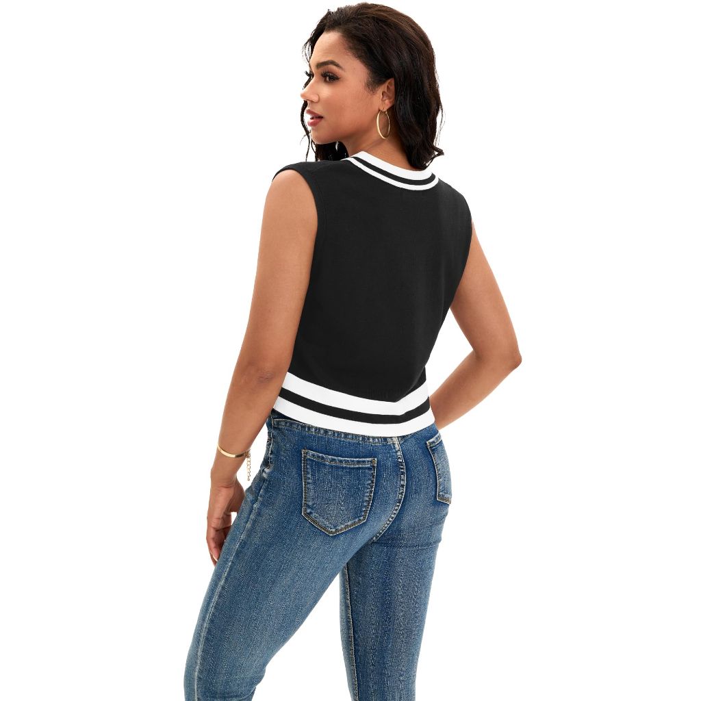 ONFERS Women's Cropped Sweater Vest V Neck Sleeveless Loose Fit Tank Tops, Large, Black White