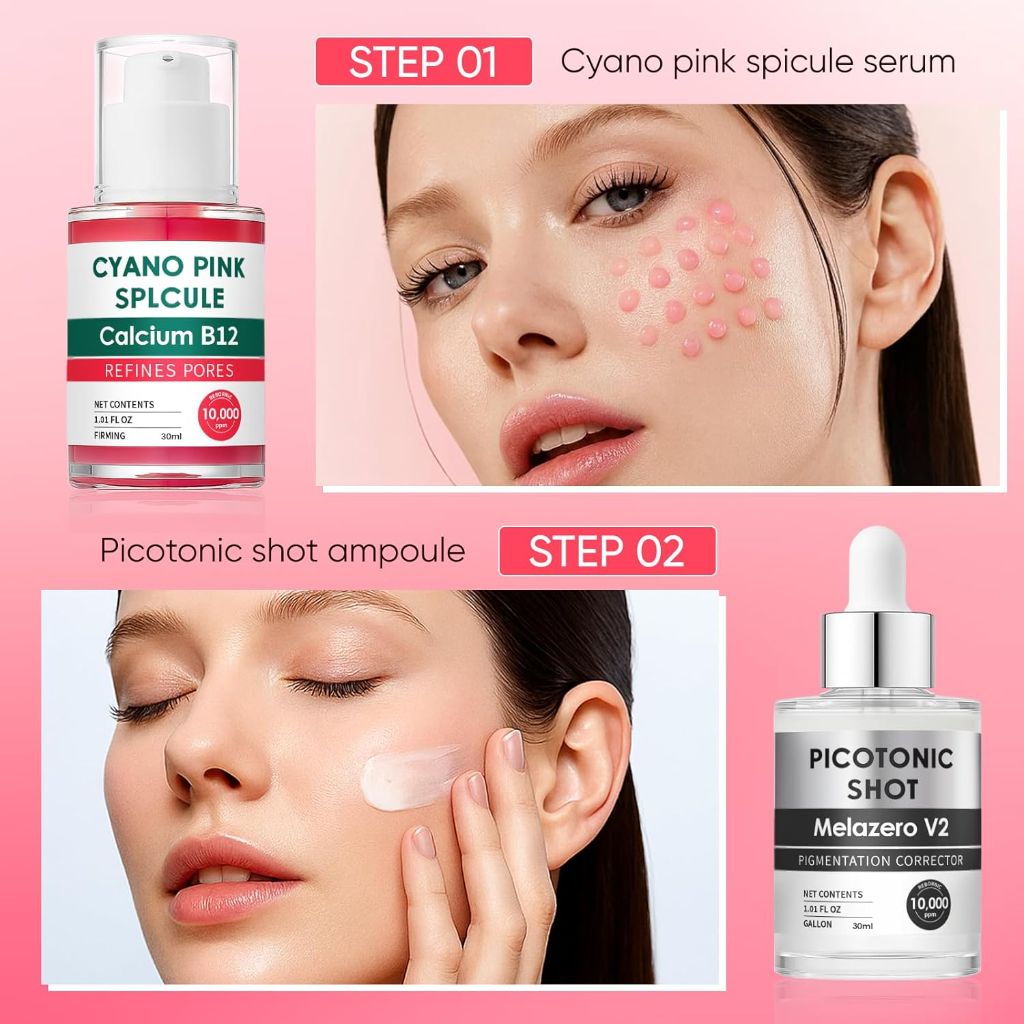 Cyano Pink Spicule Serum + Picotonic Shot Ampoule Duo, Korean Serum for Face with Alpha Arbutin, Niacinamide, Calcium - 30mL