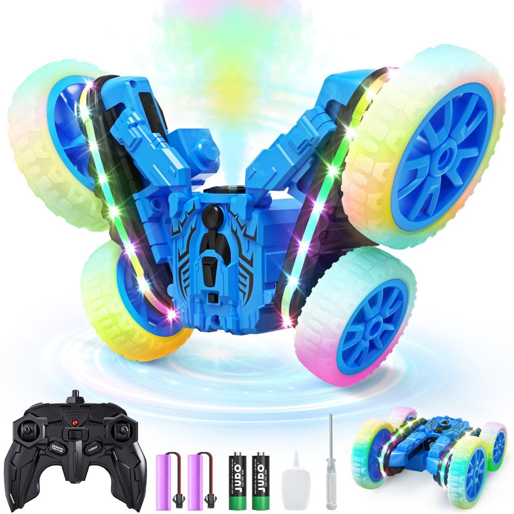 Jimdella 2-in-1 Remote Control Car: Transform 4WD with Spray & LED Lights - Blue