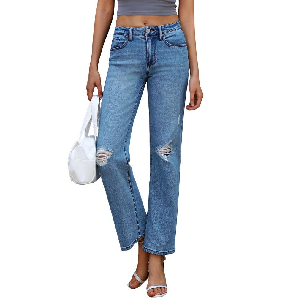 OFLUCK Women's Wide Leg Jeans Mid High Waisted Stretchy Ripped Jeans Straight Leg Loose Fit Denim Pants, Medium Blue, 8