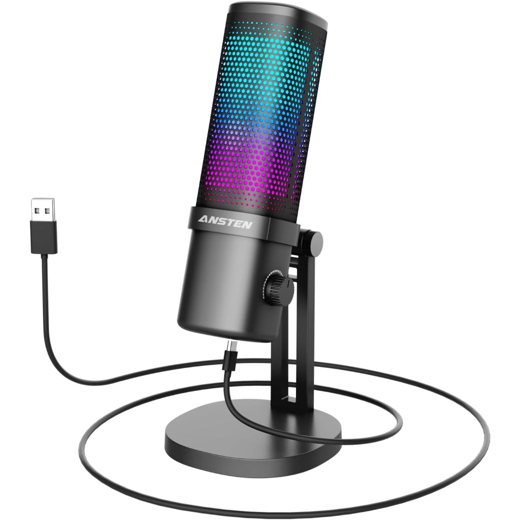 ANSTEN Gaming Mic, USB Condenser Microphone for PC/Mac, PS4/5, RGB, Mute Touch, Pop Filter, Gain Knob