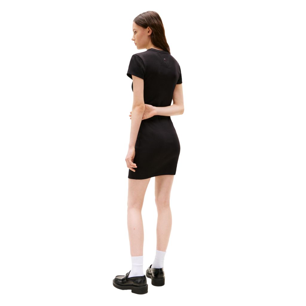 Tommy Jeans Women's Short Sleeve Ribbed Mini Dress with Logo Detail, Black