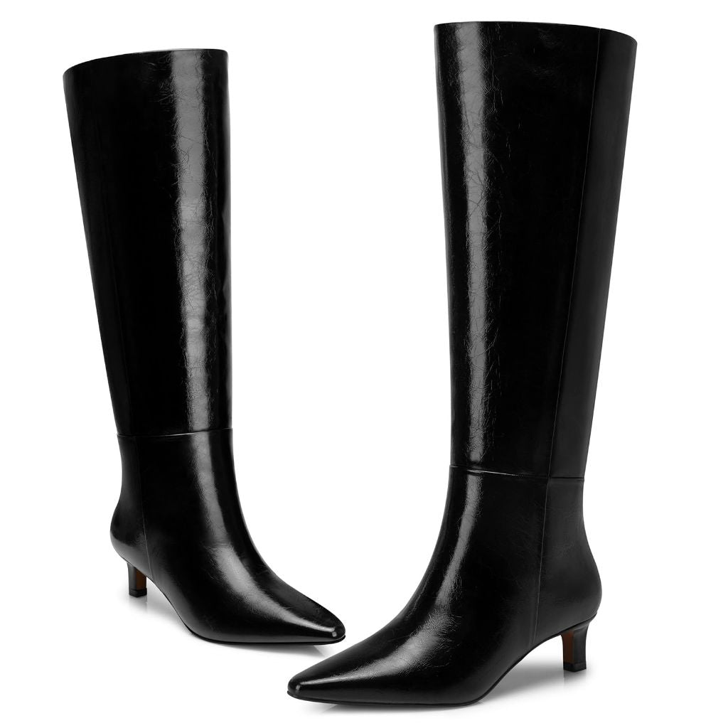 CELLENZ Women's Knee High Boots: Fashion Kitten Low Heels Boot - Wide Calf Tall Boots for Women - Black Leather Heeled Fall Boot Size 7.5