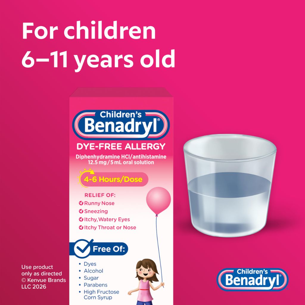 Benadryl Children’s Dye-Free Allergy Relief Liquid, Bubble Gum, 8 fl.