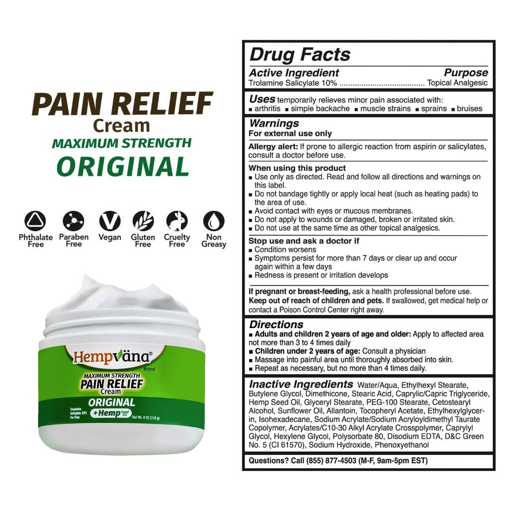 Hempvanan Maximum Strength Pain Relief Cream w/10% Trolamine Salicylate - 4oz.