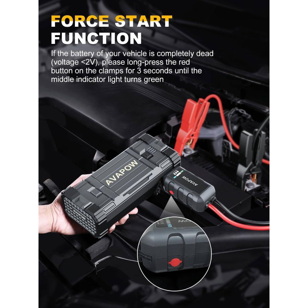 AVAPOW Car Battery Jump Starter 3000A Peak,  to 8L Gas 8L Diesel Engine with Booster Function,12V Lithium Jump Charger Pack Box
