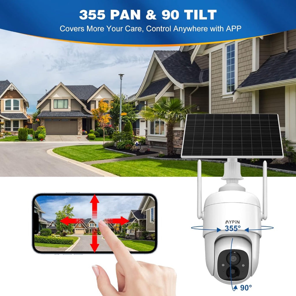 Solar WiFi Security Camera Outdoor, 2MP Pan Tilt 360° Color Night Vision View IP65 Waterproof Rechargeable