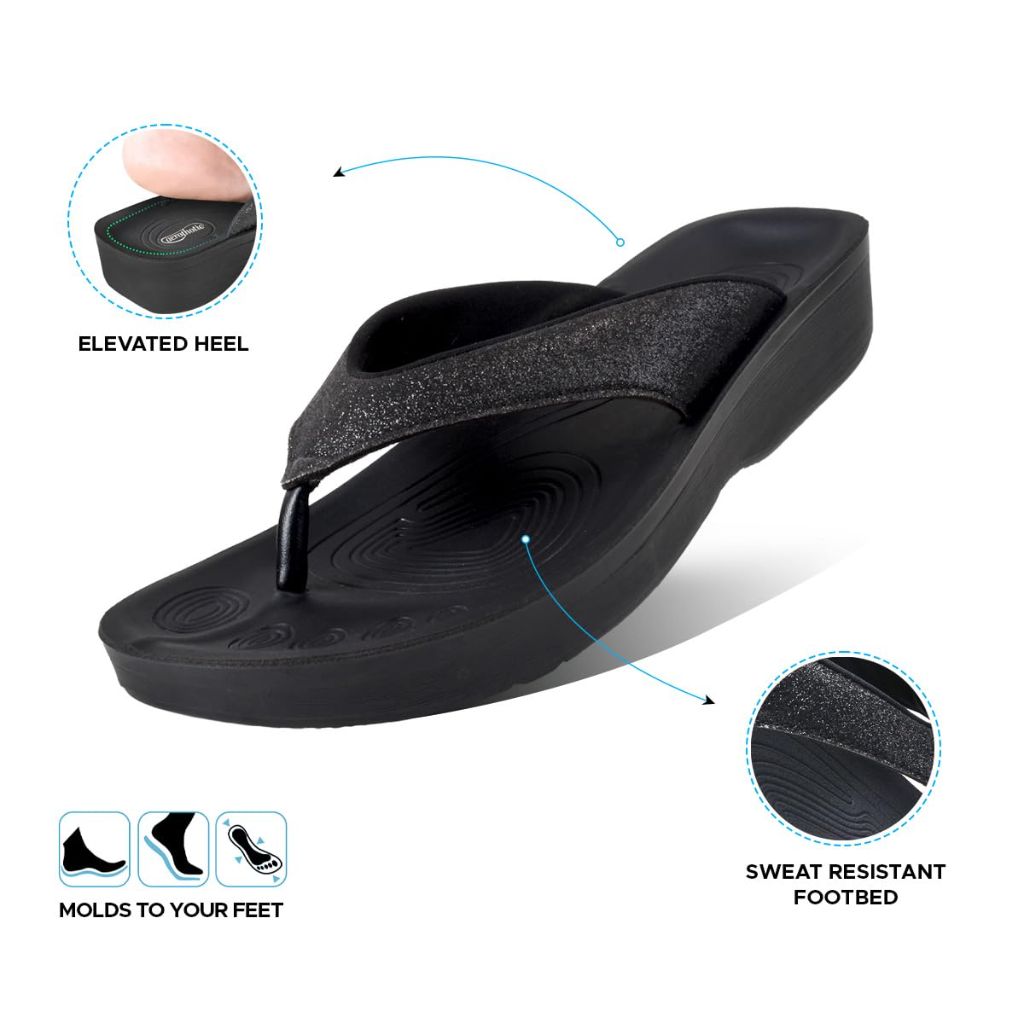 AEROTHOTIC Women's Arch Support Orthotic Flip Flops - Crystal Black Faux Leather, Size 9