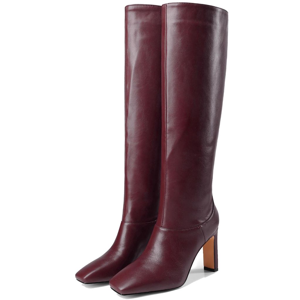 YIYA Women's Burgundy Cherry Red Knee High Boots for Fall Square Toe Chunky High Heels Dark Red Long Boots Pull On