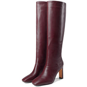 YIYA Women's Burgundy Cherry Red Knee High Boots for Fall Square Toe Chunky High Heels Dark Red Long Boots Pull On