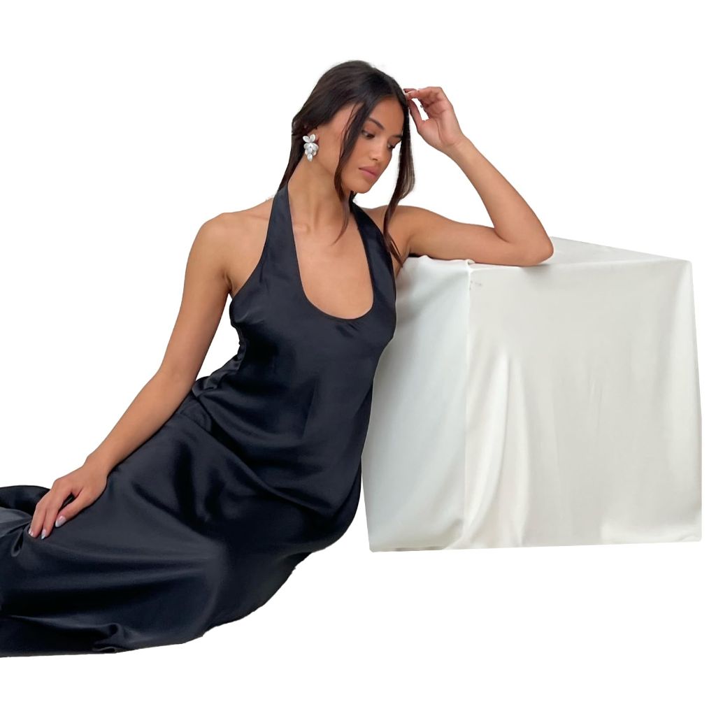 WEWOREWHAT-Halter Scoop Midi-Silky Charmeuse-Black-4