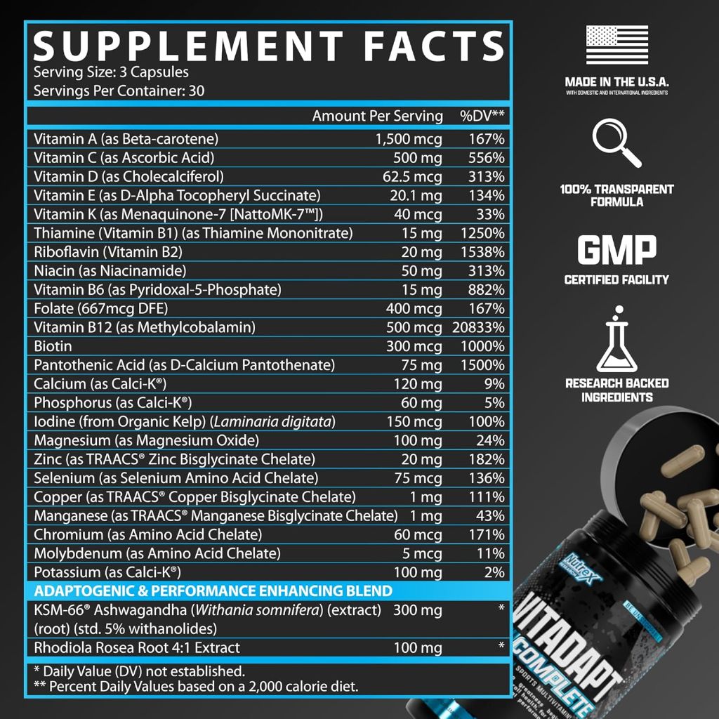 Nutrex Research Vitadapt Complete Sports Multivitamin for Men - 24 Vitamins (90 Capsules)