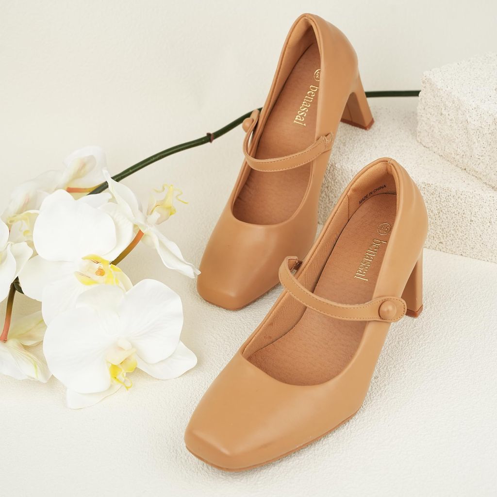 Benassal Womens Mary Janes Chunky Heels Square Toe Pumps (6,Tan)