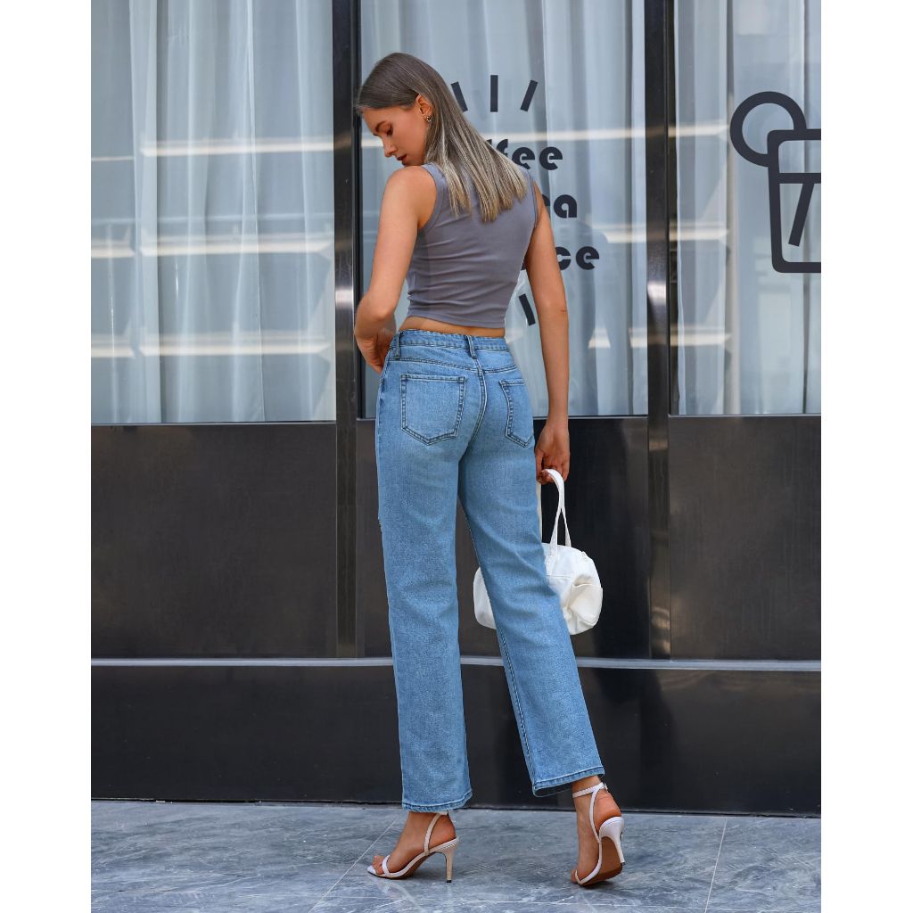 OFLUCK Women's Wide Leg Jeans Mid High Waisted Stretchy Ripped Jeans Straight Leg Loose Fit Denim Pants, Medium Blue, 8