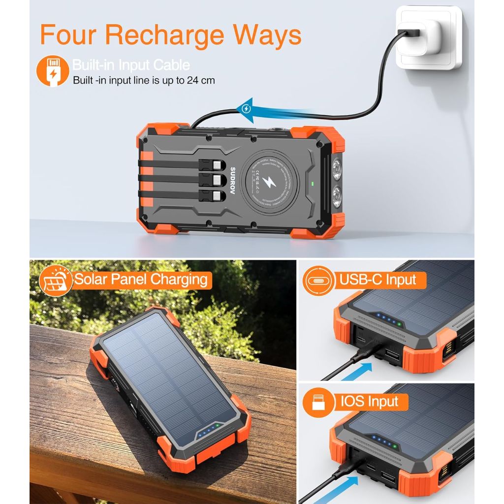 Portable Wireless Solar Charger Power Bank, 36000mAh with USB-C In/Output, 15W Fast Charging External Battery Pack (Black-Orange)