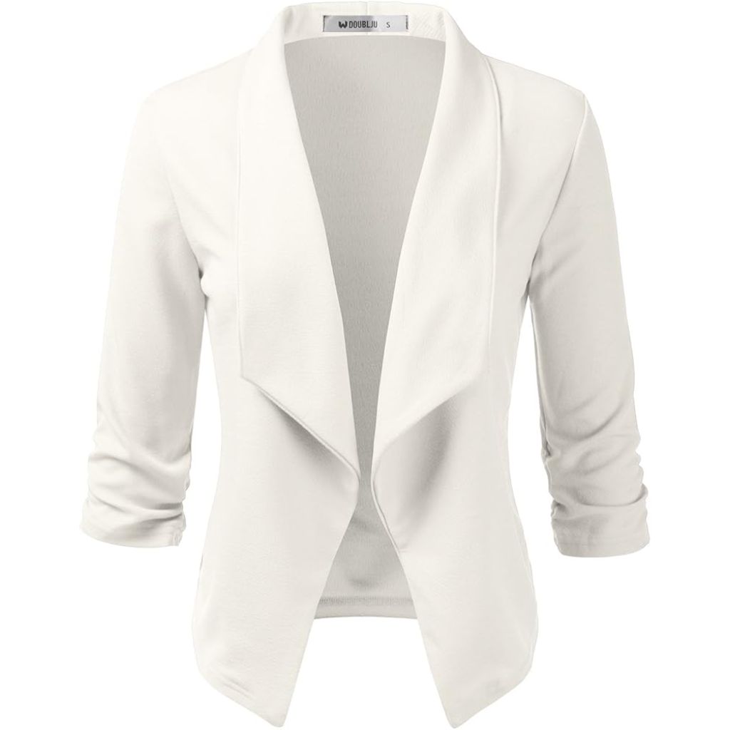 DOUBLJU Women's  Lightweight Thin 3/4 Sleeve Open Front Blazer, Ivory, Large