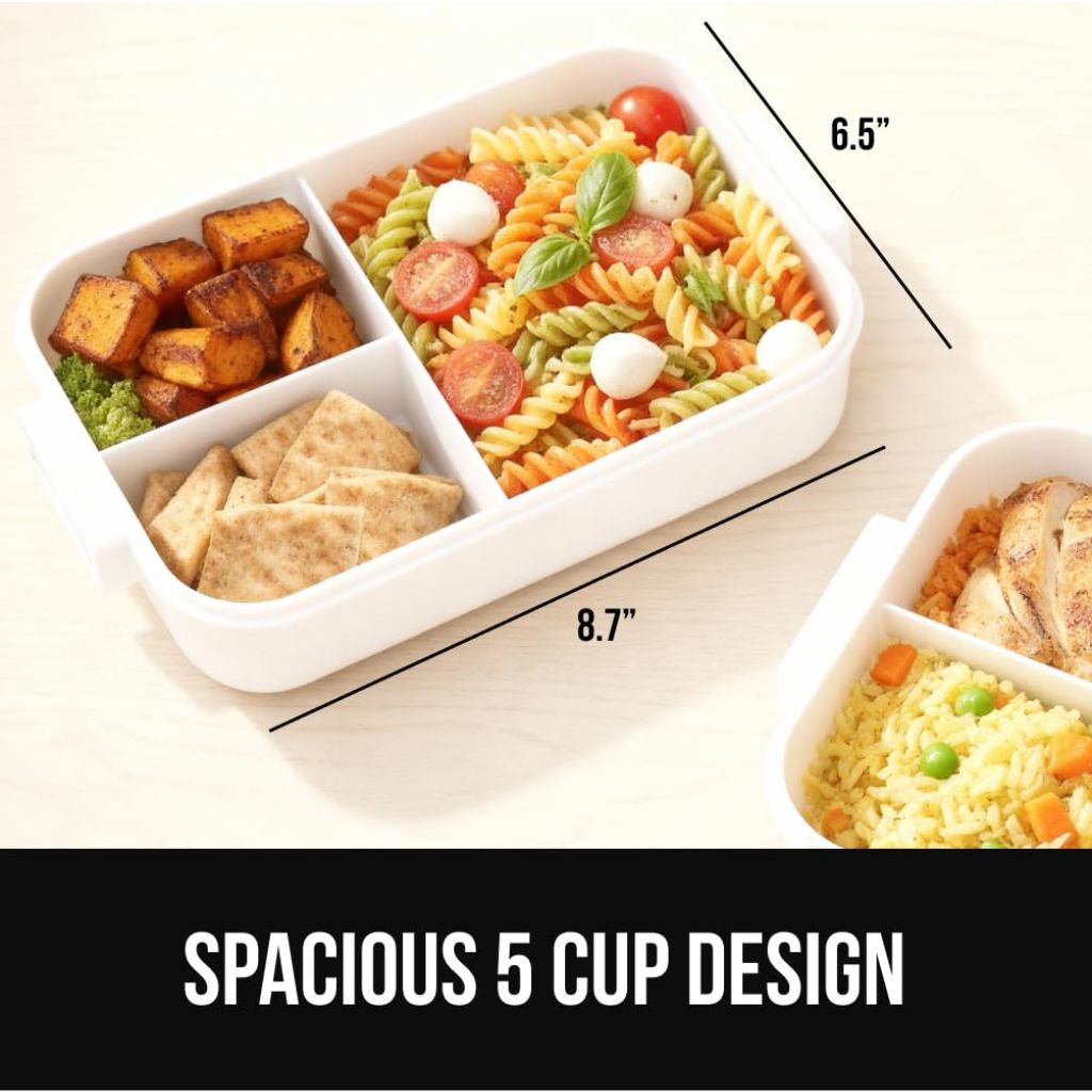 GORILLA GRIP BPA-Free Leakproof Bento Lunch Box, Lid Includes Built-In Utensil Set, 1 Tier Style, White