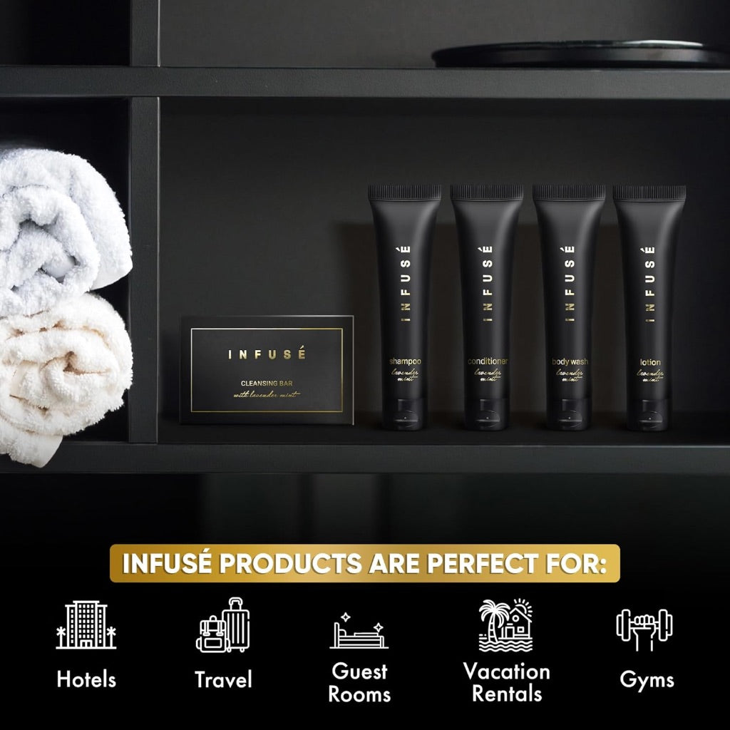 Infuse Black Soaps & Toiletries Bulk Set, 1 oz Shampoo, Conditioner, Body Wash, Lotion, 1.25 oz Cleansing Bar, Lavender Mint - 75 Pieces