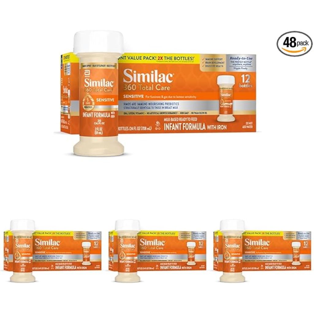 Similac 360 Total Care Sensitive Infant Formula for Fussiness & Gas Due to Lactose Sensitivity,Has 5 HMO Prebiotics,Baby Formula,Ready to Feed,2-fl-oz Bottle,(Pack of 48)