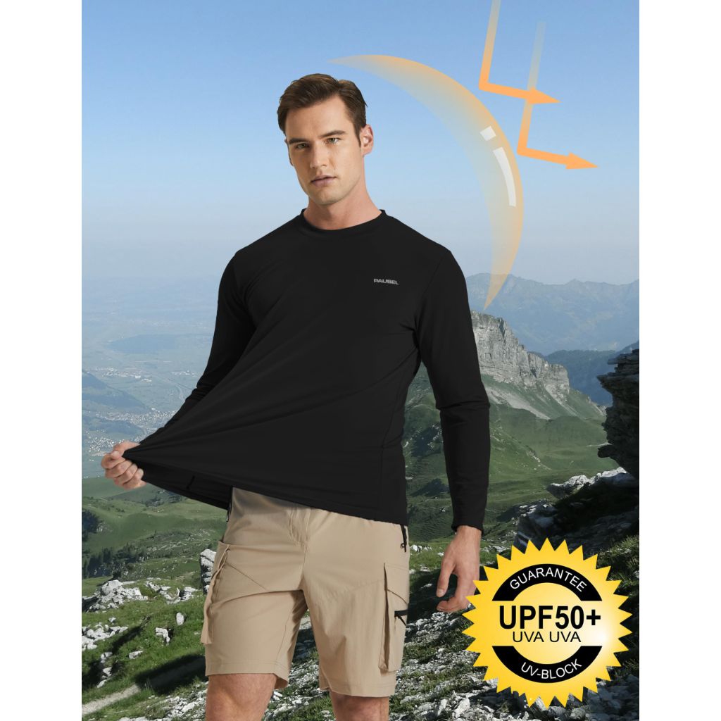 Men's Sun Protection Long Sleeve Swim Shirts Quick Dry Rash Guard Lightweight UPF 50+ Fishing Hiking Beach UV Shirt Black 2XL