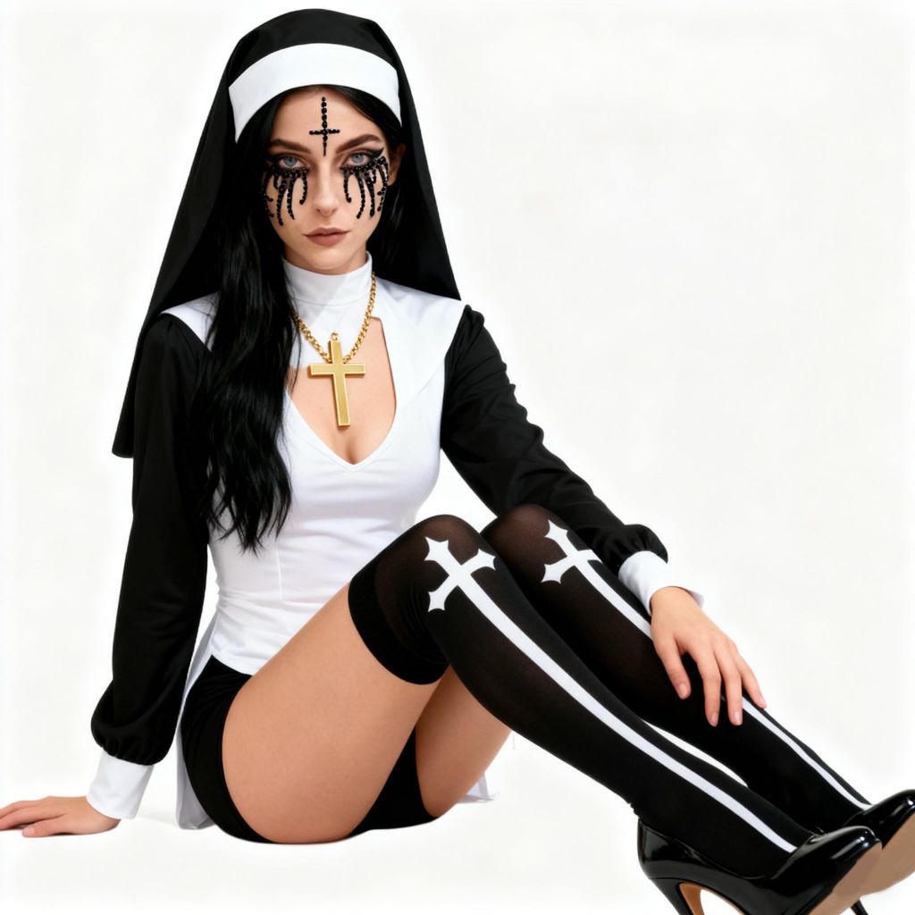 Yinxiang Jie Nun Horror Face Stickers, Clothing Accessories, Cross Pendant Necklace, Knee High Socks - Halloween Role-Playing Party Costume Set