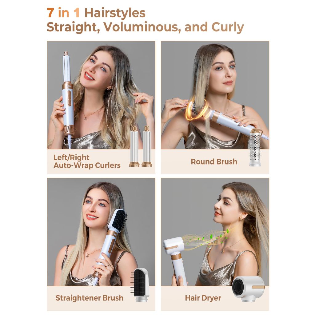 UKLISS Hair Dryer Brush 7 in 1，110000 RPM Hair Dryer with Diffuser for Curly & Twisted Hair - White Gold