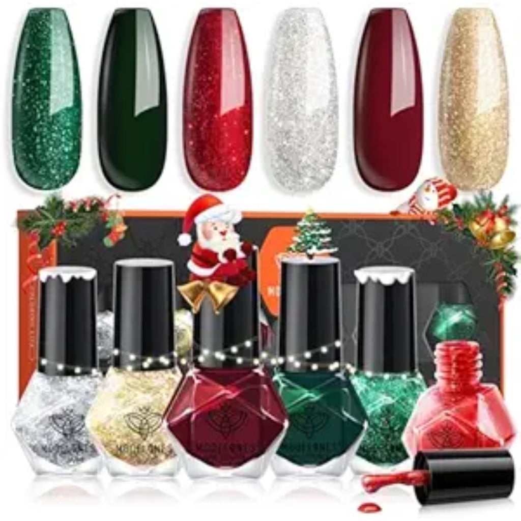 modelones Christmas Nail Polish Set 6 Colors Red Green Glitter Gold Silver Mini Nail Polish Kit Quick Dry Manicure Nail Art Manicure DIY Home Salon Gift for Women Mom
