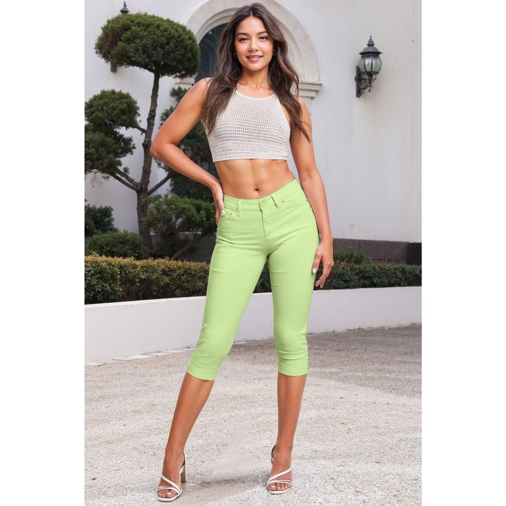 Hybrid & Company - Women's Ultra Stretch Mid Rise Skinny Capri Pants with Pockets, Lime 3X