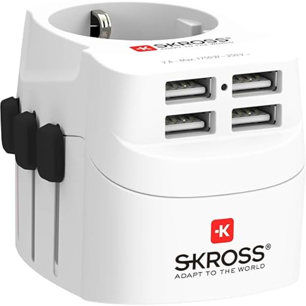 SKROSS | 1.302461 | Pro Light USB (4xA) | Universal Travel Adapter 2 & 3 Pin with 4 USB Ports 4.8A Voltage and Power: 100V-700W/250V-1750W Suitable for PC and Hair Dryer