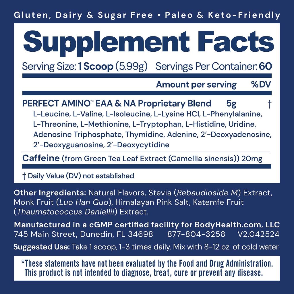 BodyHealth PerfectAmino BCAA and EAA Powder for Pre and Post Workout - Mocha, 60 Servings