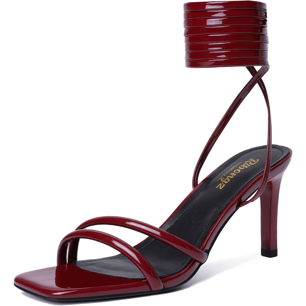 RIBONGZ Women's Strappy Square Open Toe Tie Up Heeled Sandals - Burgundy, Size 8.5