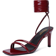 RIBONGZ Women's Strappy Square Open Toe Tie Up Heeled Sandals - Burgundy, Size 8.5