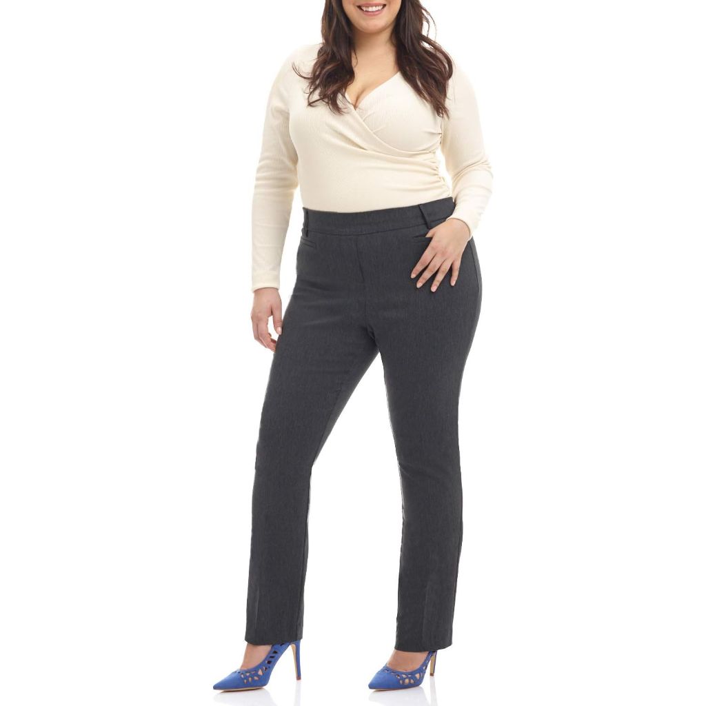 SZ 14WT, Rekucci Curvy Woman Ease into Comfort Plus Size Straight Pant w/Tummy Control | Charcoal