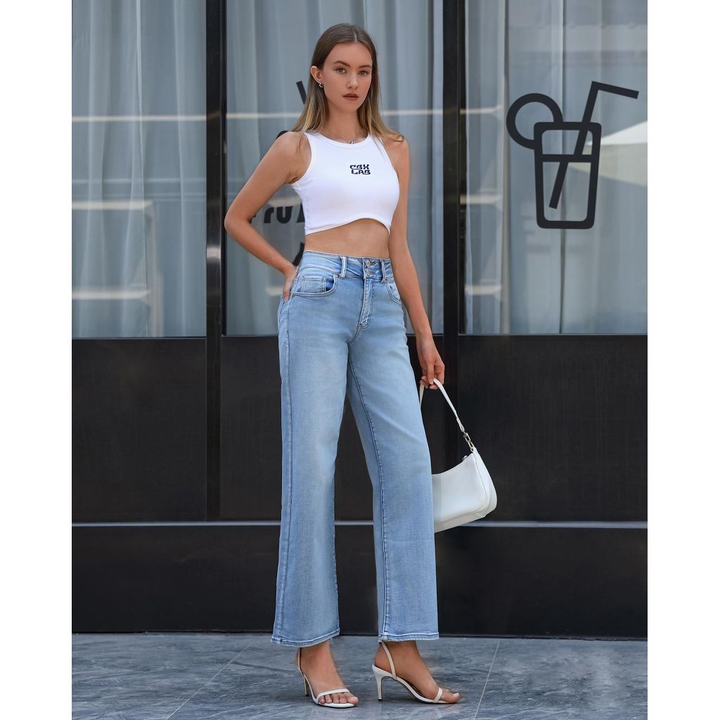 OFLUCK Women's Wide Leg Jeans Mid High Waisted Stretchy Baggy Jeans Straight Leg Loose Fit Denim Pants, Light Blue, 14S