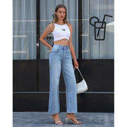 OFLUCK Women's Wide Leg Jeans Mid High Waisted Stretchy Baggy Jeans Straight Leg Loose Fit Denim Pants, Light Blue, 14S