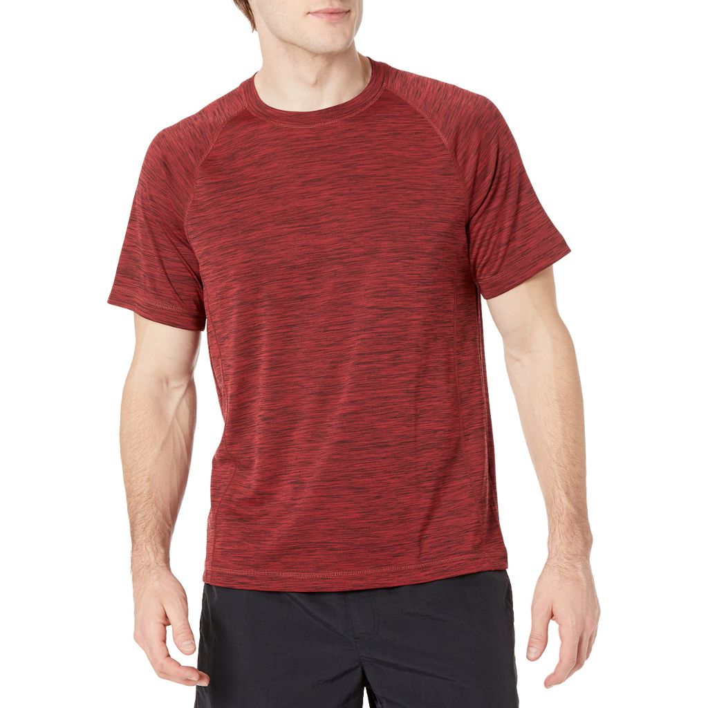 SZ M, Amazon Essentials Men's Slim-Fit Short-Sleeve Quick-Dry UPF 50 Swim Tee, Red Heather