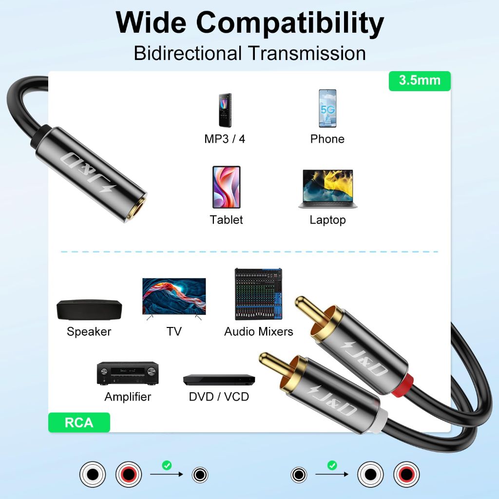 J&D 3.5mm to RCA Adapter Cable, Gold Plated 3.5mm Female to 2 RCA Male Stereo Audio Y Cable for Record Player, Speakers, Home Theater, Smartphone, MP3, 25 Feet