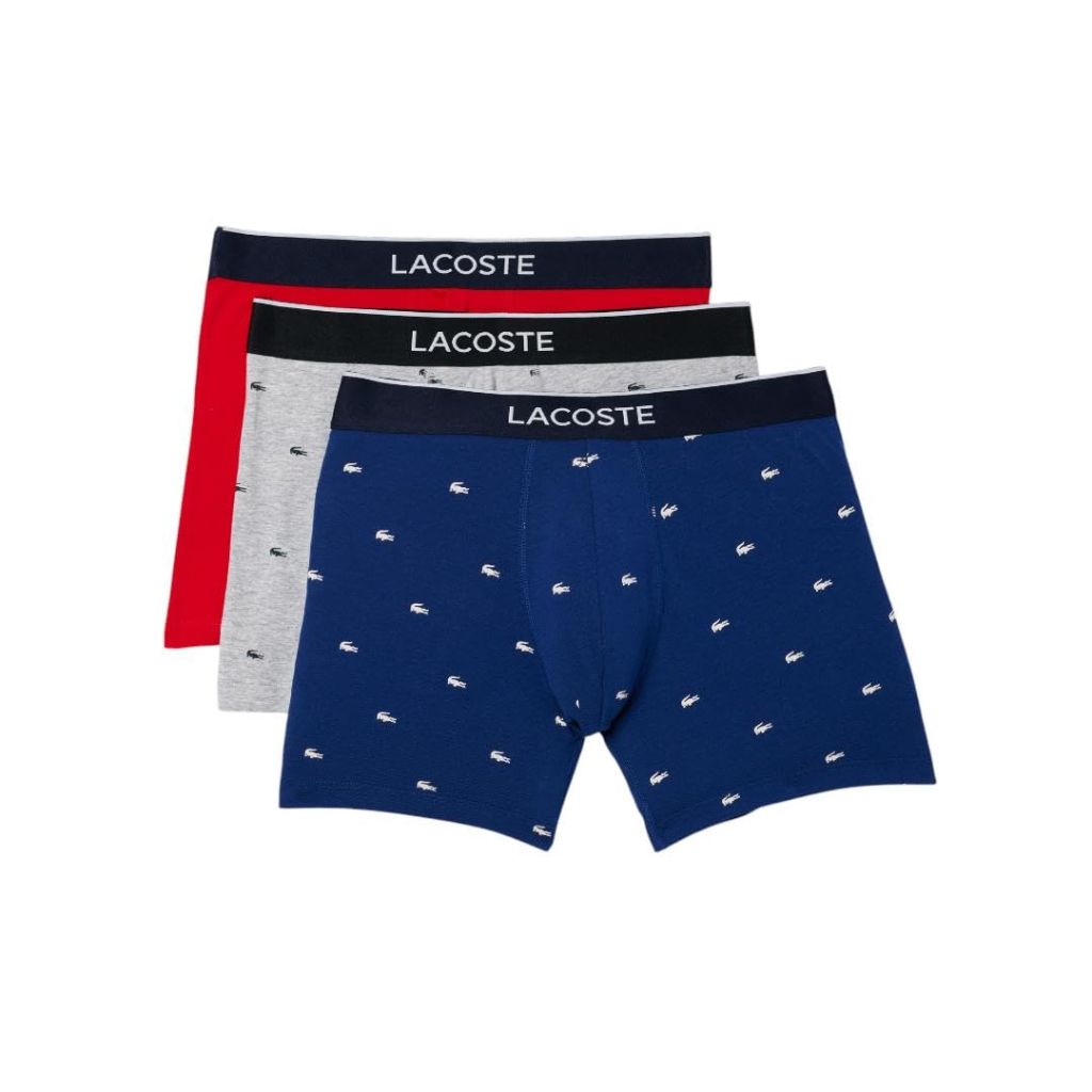 Lacoste Men's Cotton Stretch Mini Croc Print Boxer Briefs, 3-pack, Deep Ocean/Dove Grey/Red, Medium
