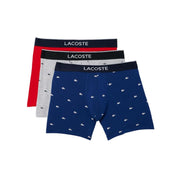 Lacoste Men's Cotton Stretch Mini Croc Print Boxer Briefs, 3-pack, Deep Ocean/Dove Grey/Red, Medium