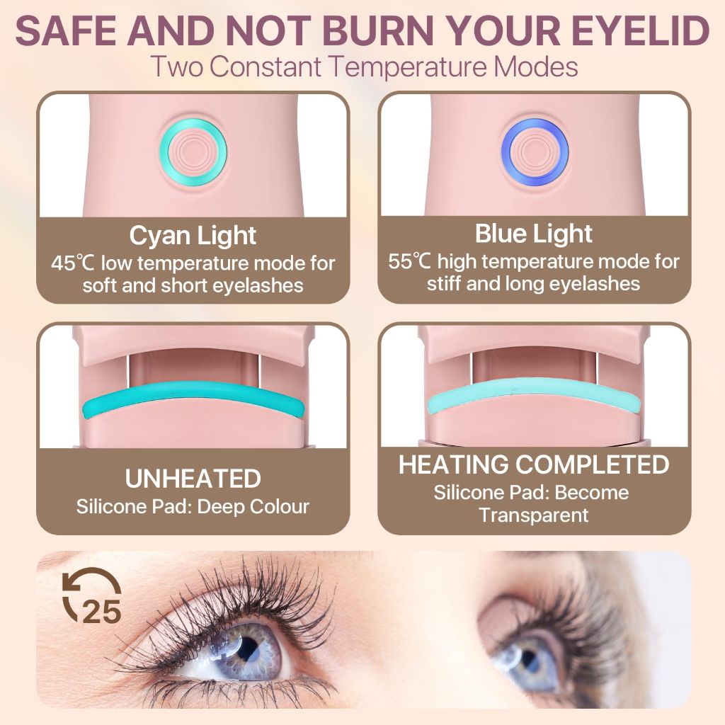 Heated Rechargeable Electric Eyelash Curlers, 24hr battery, Pink