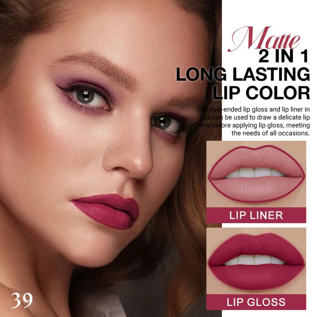 DNM 2 in 1 Deep Cranberry Red Matte Lip Liner and Liquid Lipstick Stain 39#