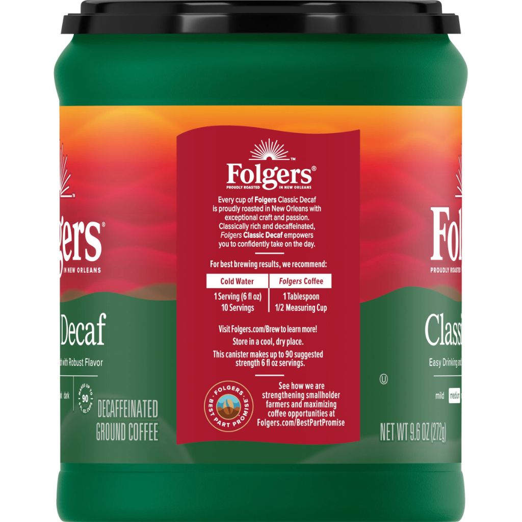 Folgers Decaf Coffee, Ground Coffee, Classic Medium Roast, 9.6 Ounce Canister