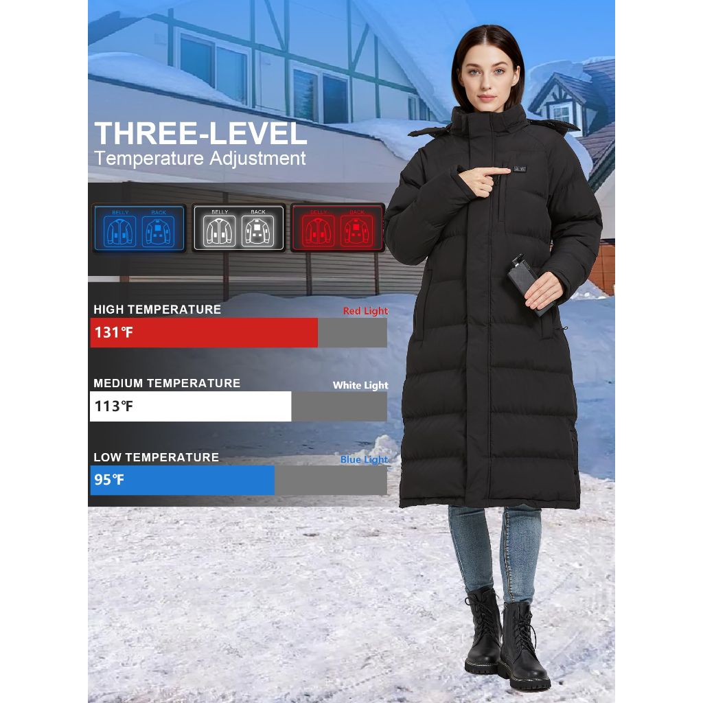 Windpost Heated Jackets for Women-Long Winter Style, Black - size Small