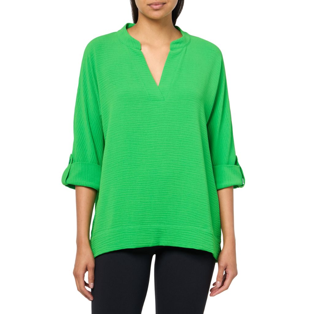 SZ XL, MULTIPLES Women's Roll Tab Cuffed Dolman Sleeves Y-Neck Band Collar Top | Classic Green