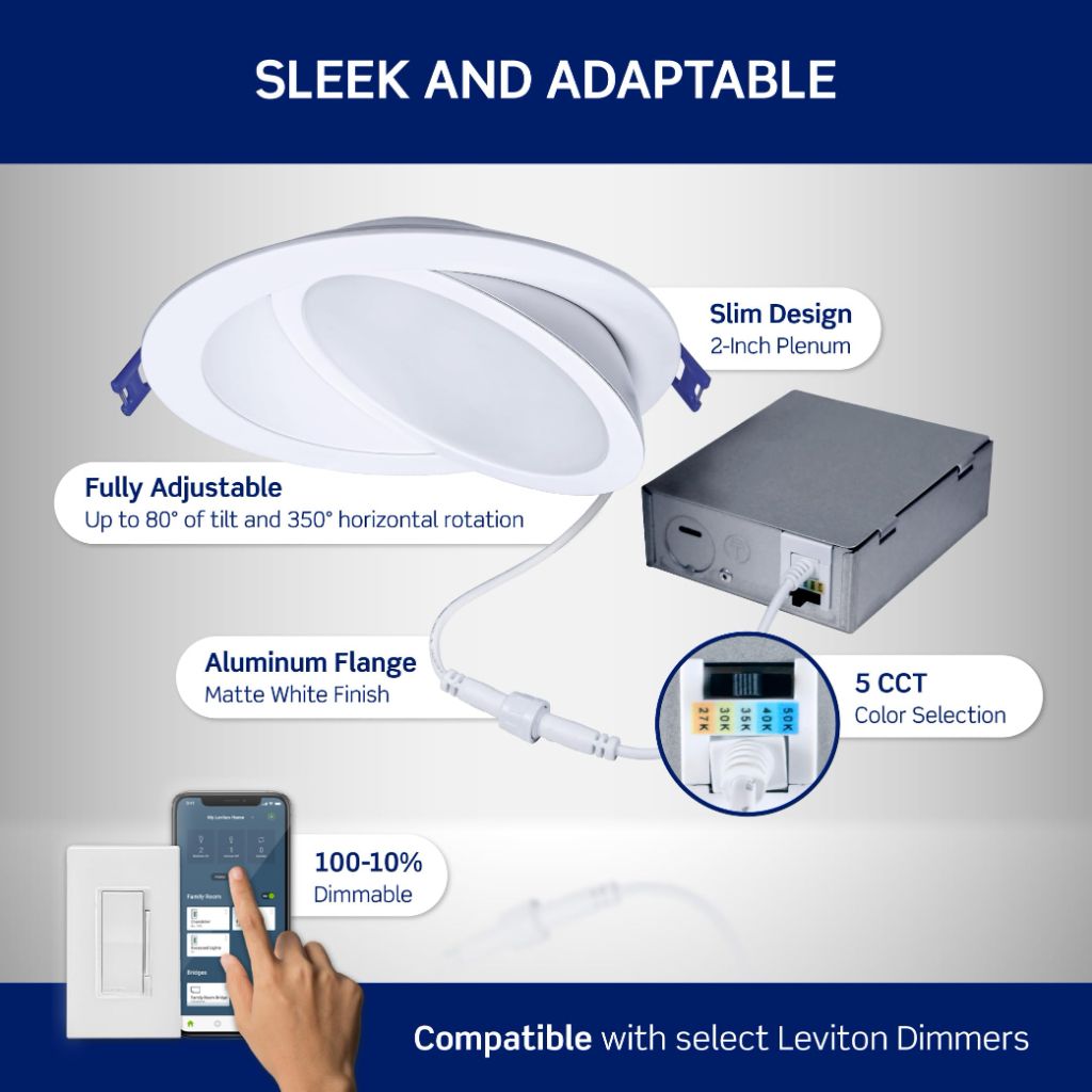 Leviton 6 in. Round Adjustable Slim Downlight, 1100 Lumens, DAR60-S1W