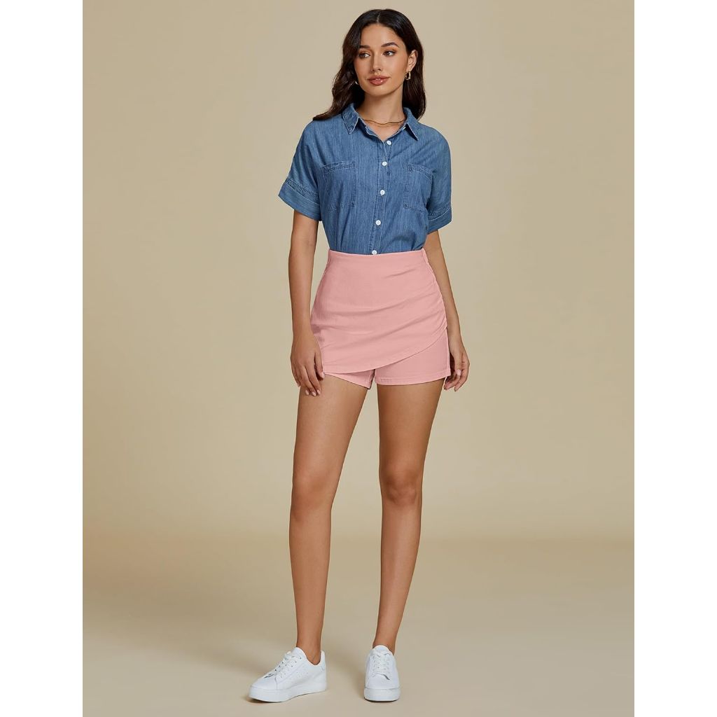 luvamia Jean Skorts for Woman High Waisted Pull On Trendy Casual Stretch Denim Skirt with Shorts Asymmetrical Wrap Skort
