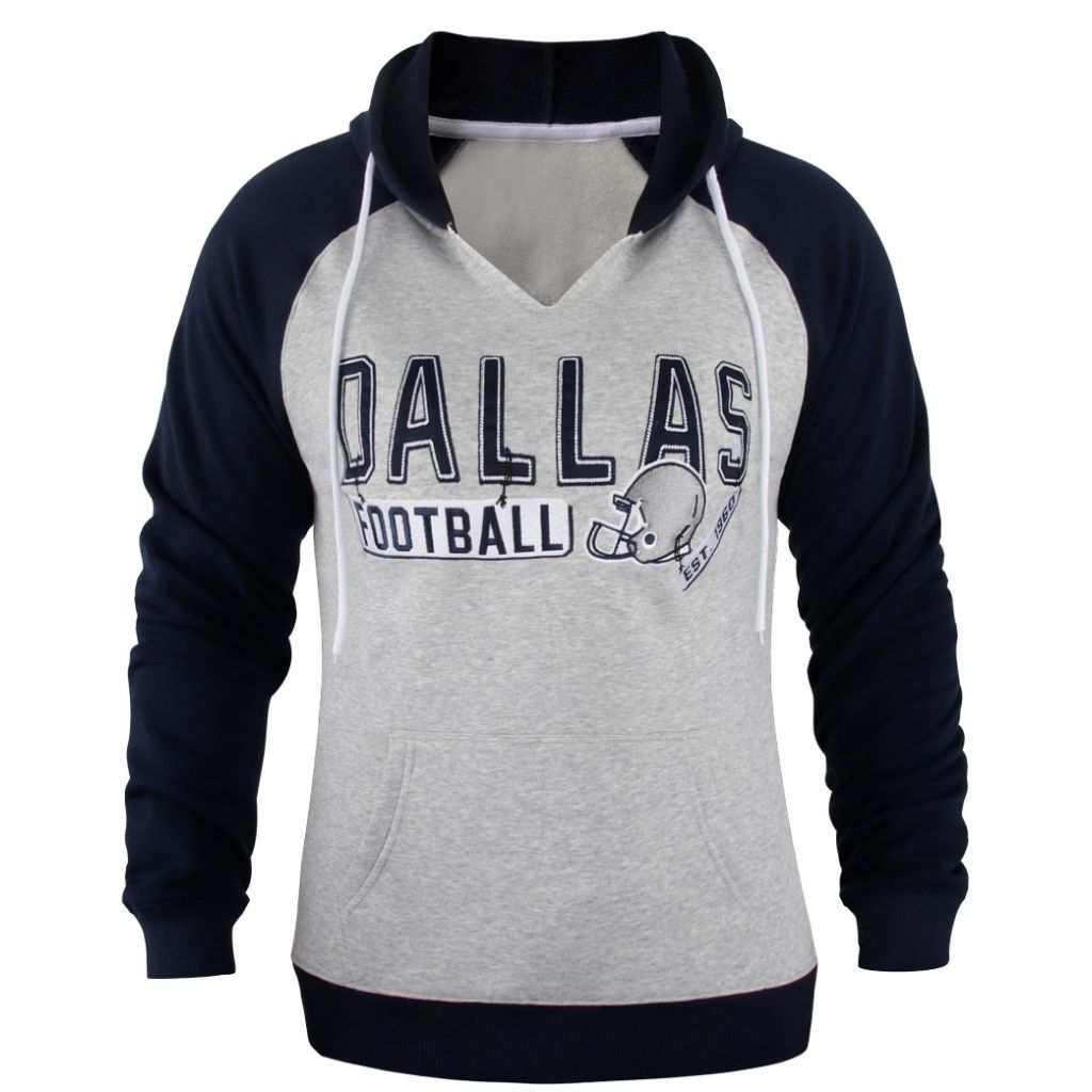 Womens Football City Fans V Neck Raglan Embroidery Athletic Hoodies Pullovers Fleece Sweatshirts - Navy & Grey - 3X-Large