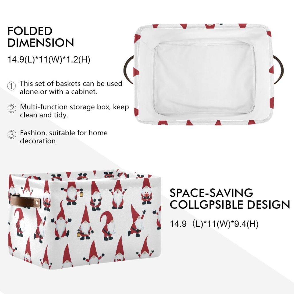 Collapsible Christmas Storage Basket with Handles - Christmas Gnomes (11" x 9.5")